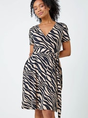 Roman Brown & Black Petite Abstract Print Jersey Wrap Dress - Image 1 of 1