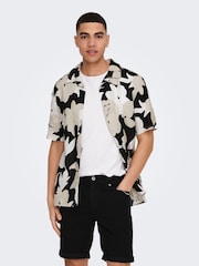 Only & Sons Black Linen Blend Short Sleeve Printed Shirt - Image 1 of 5