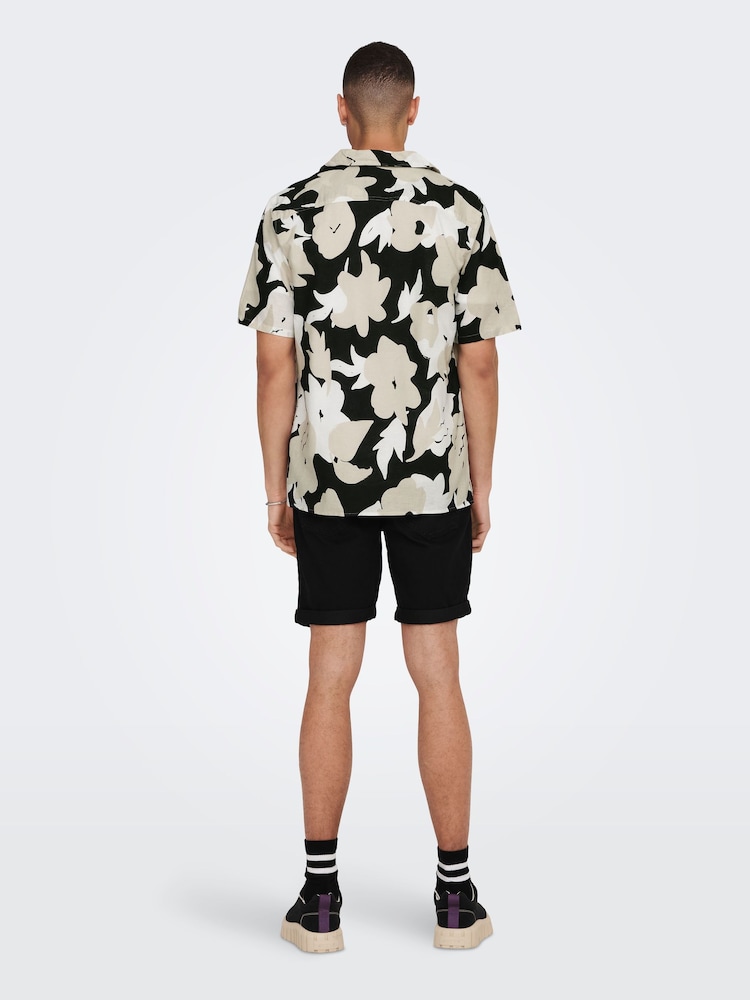 Only & Sons Black Linen Blend Short Sleeve Printed Shirt - Image 2 of 5