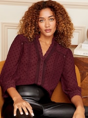 Love & Roses Burgundy Red Dobby Spot Lace Trim 3/4 Sleeve Button Through Blouse - Image 1 of 4