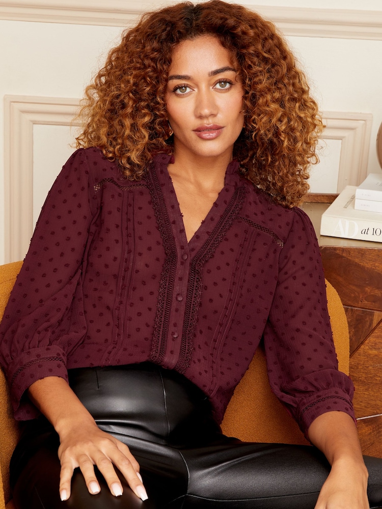 Love & Roses Burgundy Red Dobby Spot Lace Trim 3/4 Sleeve Button Through Blouse - Image 1 of 4
