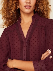 Love & Roses Burgundy Red Dobby Spot Lace Trim 3/4 Sleeve Button Through Blouse - Image 2 of 4