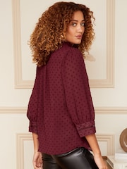 Love & Roses Burgundy Red Dobby Spot Lace Trim 3/4 Sleeve Button Through Blouse - Image 3 of 4