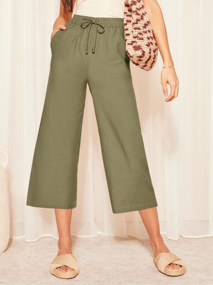 Friends Like These Khaki Green Cropped Wide Leg Culottes With Linen - Image 1 of 4 Friends Like These Khaki Green Cropped Wide Leg Culottes With Linen - Image 1 of 4