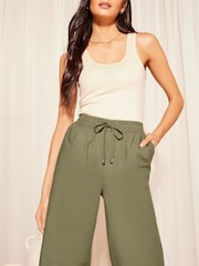 Friends Like These Khaki Green Cropped Wide Leg Culottes With Linen - Image 2 of 4