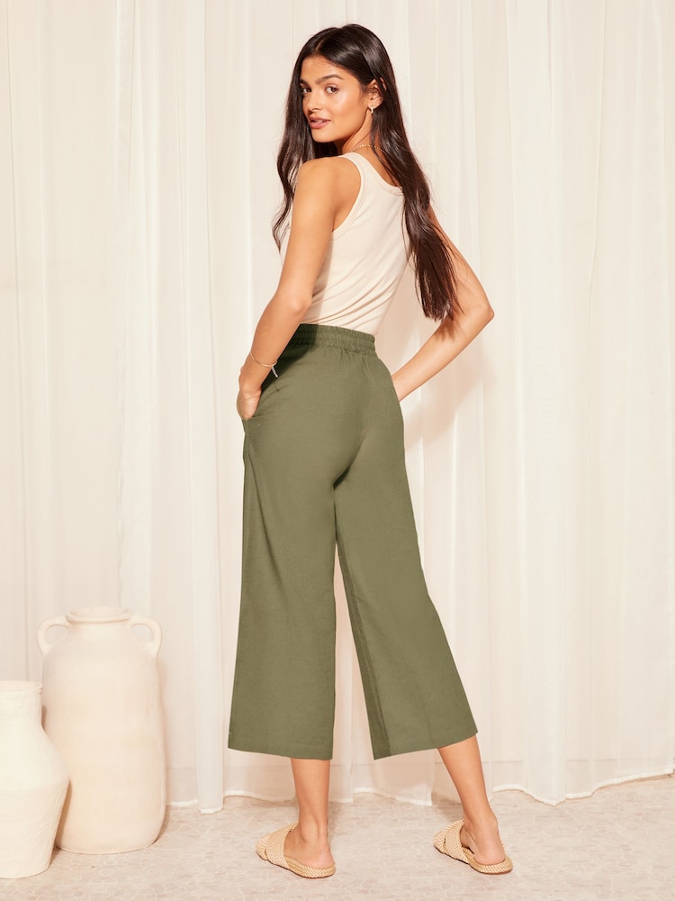 Friends Like These Khaki Green Cropped Wide Leg Culottes With Linen - Image 4 of 4