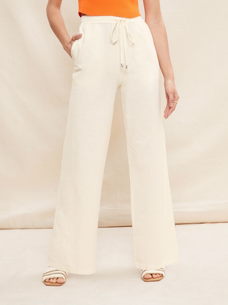 Friends Like These Neutral Wide Leg Trousers With Linen - Image 1 of 4