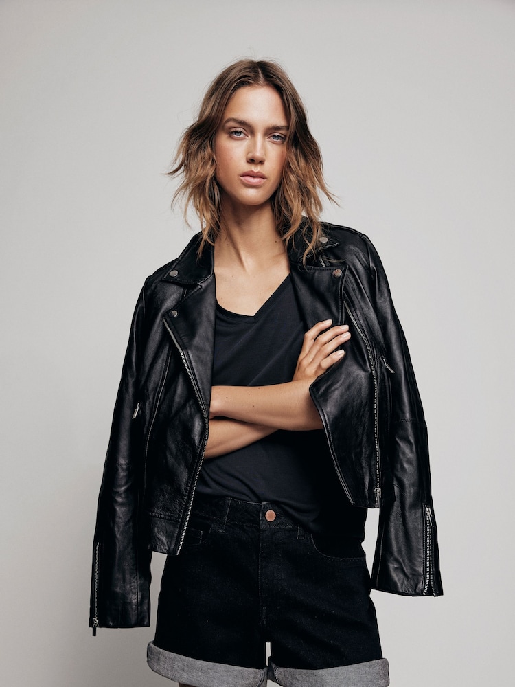 VILA Black Leather Biker Jacket - Image 2 of 5