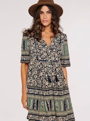 Apricot Black Multi Chintz Sarasa Border Boho Dress - Image 1 of 4