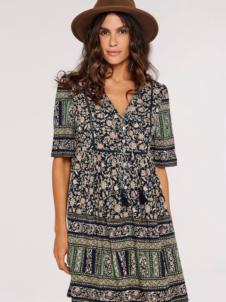 Apricot Black Multi Chintz Sarasa Border Boho Dress - Image 1 of 4