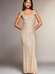 Lipsy Gold Petite Premium Placed Sequin Ruched Bust Maxi Dress - Image 1 of 4