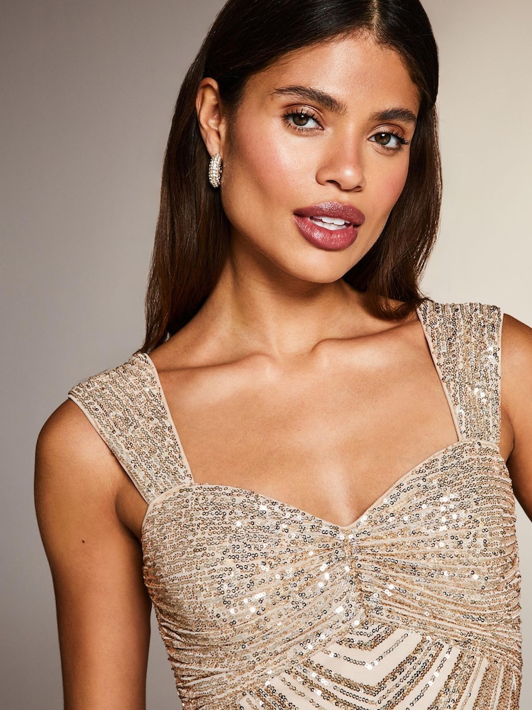 Lipsy Gold Petite Premium Placed Sequin Ruched Bust Maxi Dress - Image 4 of 4