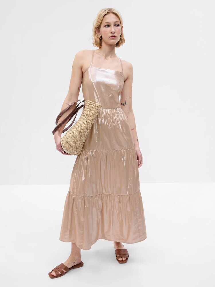 Gap Gold Metallic Tie-Back Tiered Midi Dress - Image 1 of 5
