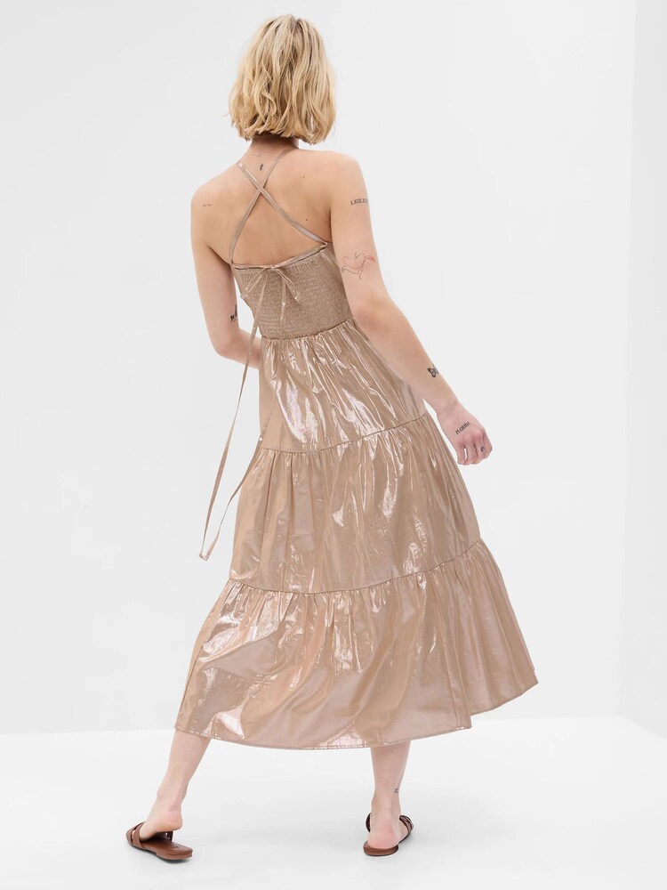 Gap Gold Metallic Tie-Back Tiered Midi Dress - Image 2 of 5 Gap Gold Metallic Tie-Back Tiered Midi Dress - Image 2 of 5