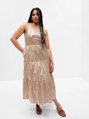 Gap Gold Metallic Tie-Back Tiered Midi Dress - Image 4 of 5