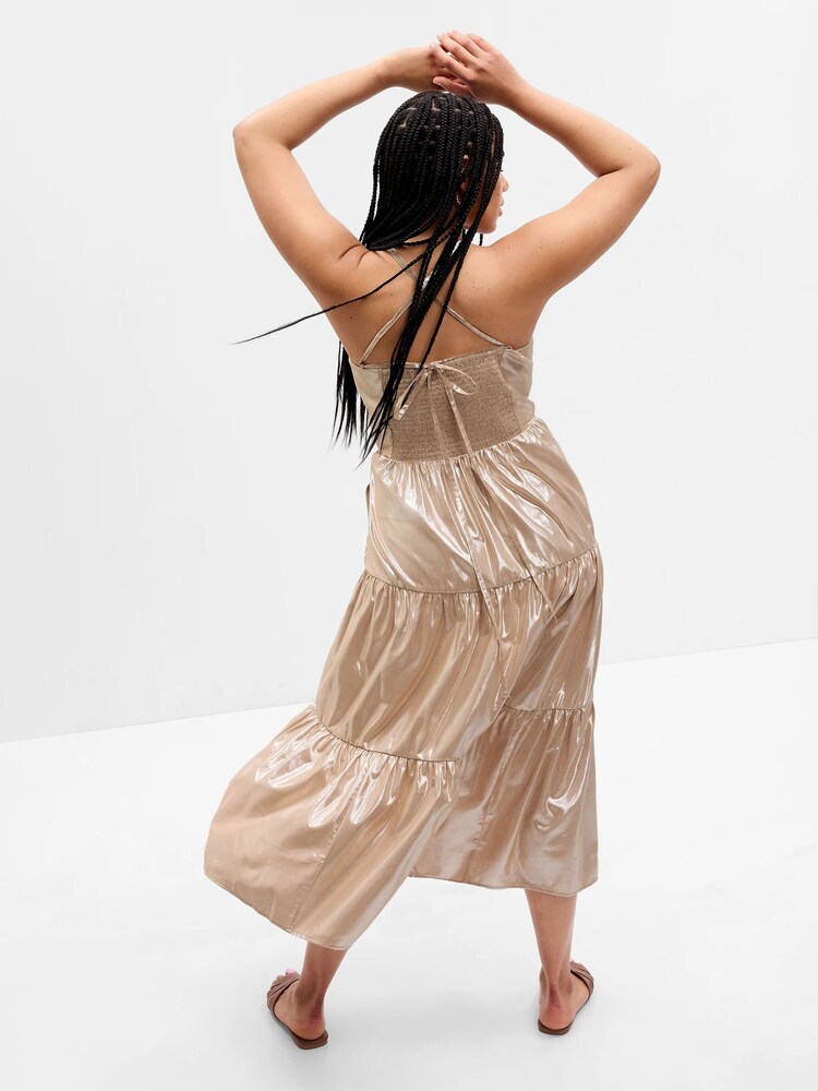 Gap Gold Metallic Tie-Back Tiered Midi Dress - Image 5 of 5 Gap Gold Metallic Tie-Back Tiered Midi Dress - Image 5 of 5