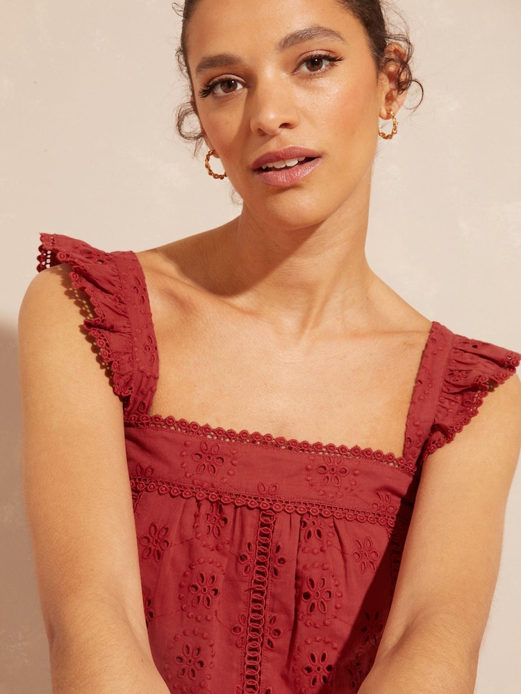 Love & Roses Rust Red Broderie Lace Trim Ruffle Strap Cami - Image 4 of 4