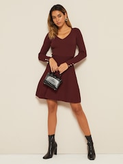 Friends Like These Berry Red Petite Long Sleeve Knitted V Neck Fit and Flare Dress - Image 3 of 4