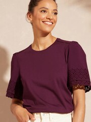 Love & Roses Berry Broderie Trim Tiered Sleeve T-Shirt - Image 1 of 4