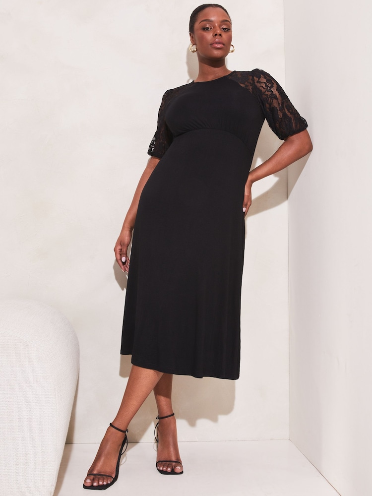 Lipsy Black Lace Curve Jersey Puff Short Sleeve Underbust Midi Dress - Image 1 of 4 Lipsy Black Lace Curve Jersey Puff Short Sleeve Underbust Midi Dress - Image 1 of 4
