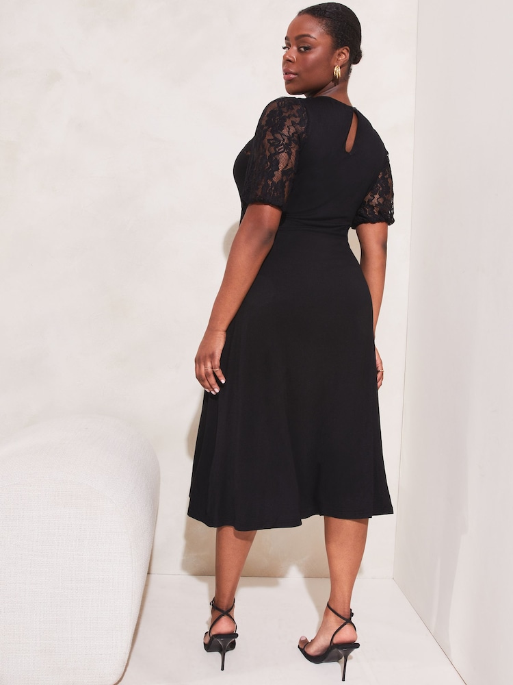 Lipsy Black Lace Curve Jersey Puff Short Sleeve Underbust Midi Dress - Image 2 of 4 Lipsy Black Lace Curve Jersey Puff Short Sleeve Underbust Midi Dress - Image 2 of 4