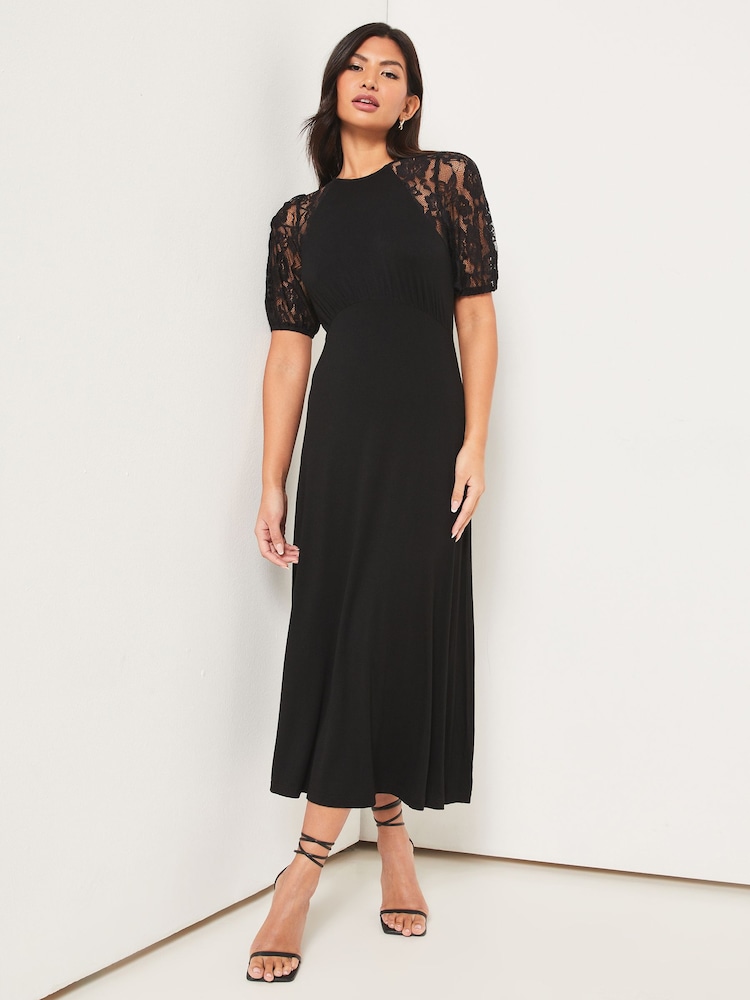 Lipsy Black Lace Petite Jersey Puff Short Sleeve Underbust Midi Dress - Image 1 of 4 Lipsy Black Lace Petite Jersey Puff Short Sleeve Underbust Midi Dress - Image 1 of 4
