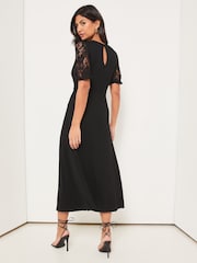 Lipsy Black Lace Petite Jersey Puff Short Sleeve Underbust Midi Dress - Image 2 of 4