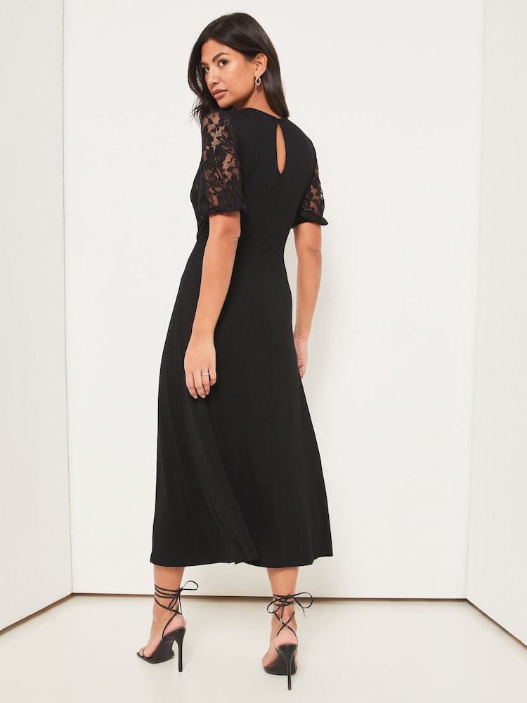 Lipsy Black Lace Petite Jersey Puff Short Sleeve Underbust Midi Dress - Image 2 of 4 Lipsy Black Lace Petite Jersey Puff Short Sleeve Underbust Midi Dress - Image 2 of 4