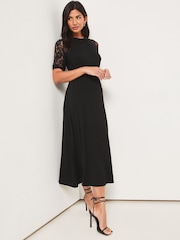 Lipsy Black Lace Petite Jersey Puff Short Sleeve Underbust Midi Dress - Image 3 of 4