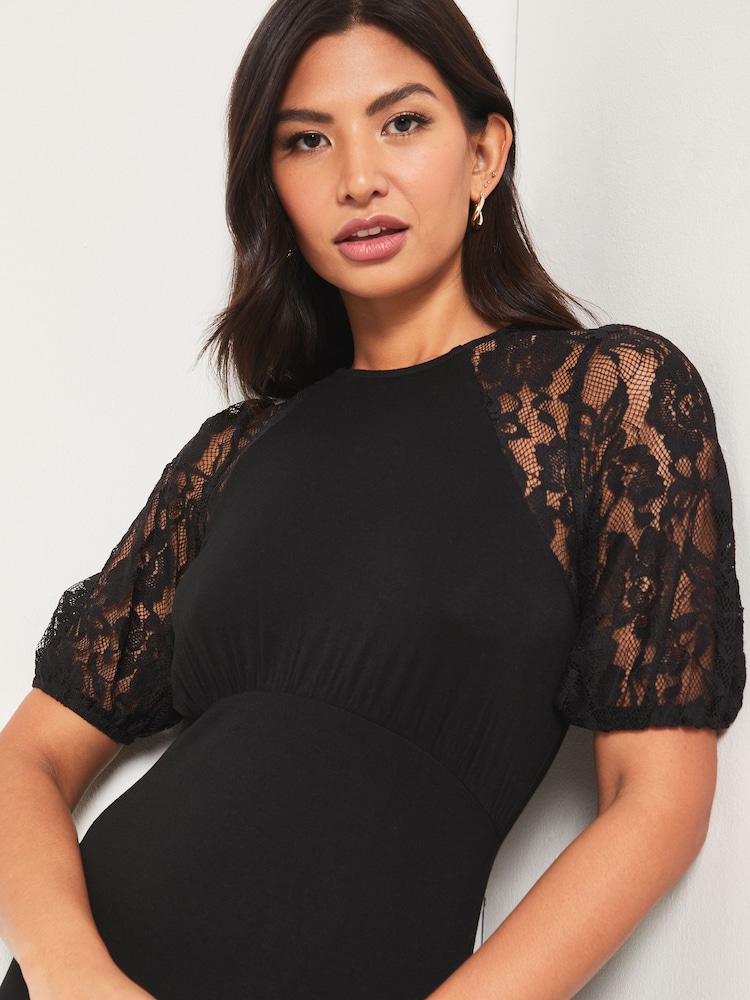 Lipsy Black Lace Petite Jersey Puff Short Sleeve Underbust Midi Dress - Image 4 of 4 Lipsy Black Lace Petite Jersey Puff Short Sleeve Underbust Midi Dress - Image 4 of 4