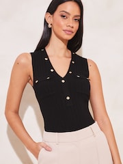 Lipsy Black Knitted Button V Neck Sleeveless Vest Top - Image 2 of 4