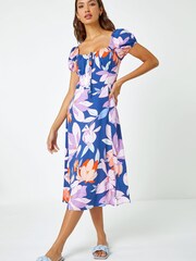 Roman Purple Multi Retro Floral Print Fit and Flare Dress - Image 1 of 5