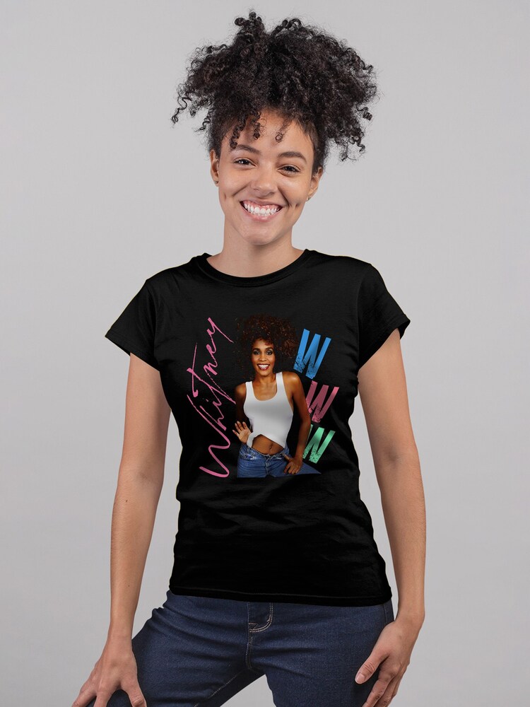 All + Every Black Whitney Houston Posing Pink Signature Music Women's T-Shirt - Image 1 of 3