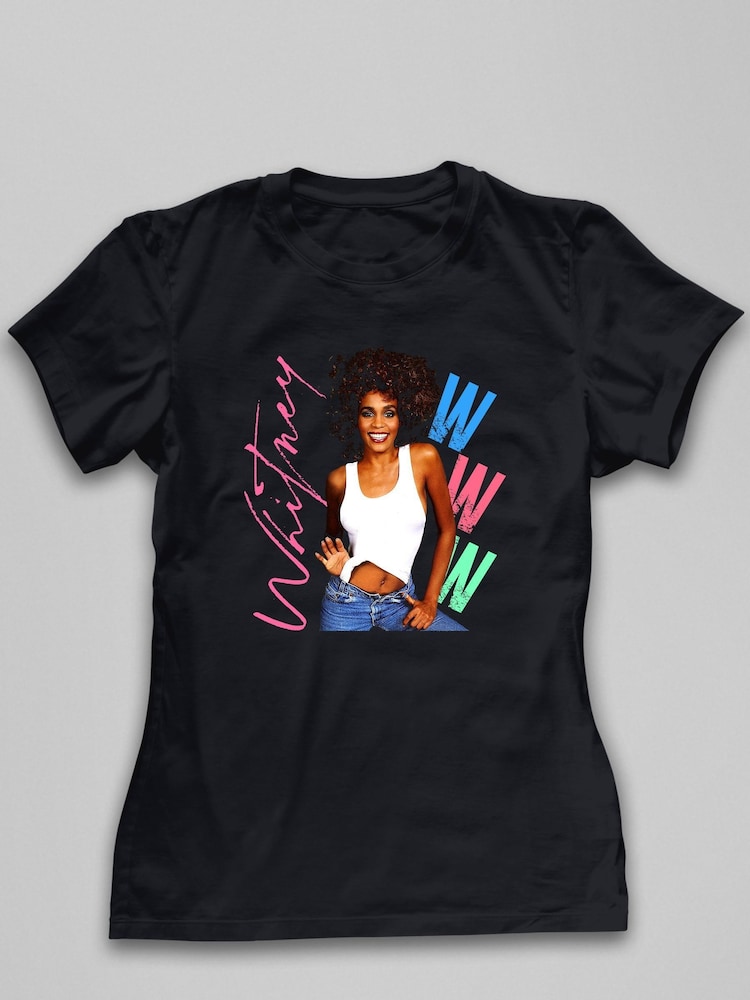 All + Every Black Whitney Houston Posing Pink Signature Music Women's T-Shirt - Image 2 of 3 All + Every Black Whitney Houston Posing Pink Signature Music Women's T-Shirt - Image 2 of 3