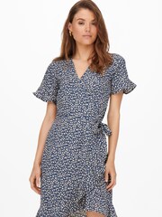 ONLY Blue Floral Ditsy Short Sleeve Wrap Summer Midi Dress - Image 1 of 5