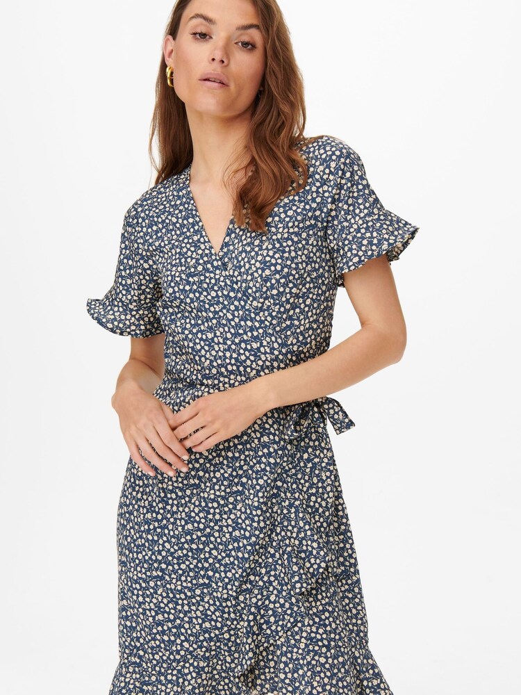 ONLY Blue Floral Ditsy Short Sleeve Wrap Summer Midi Dress - Image 2 of 5