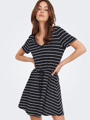 ONLY Curve Navy Blue & White Stripes V Neck Jersey T-Shirt Dress - Image 1 of 4