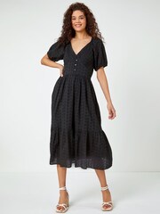 Roman Black Broderie Puff Sleeve Tiered Midi Dress - Image 1 of 5