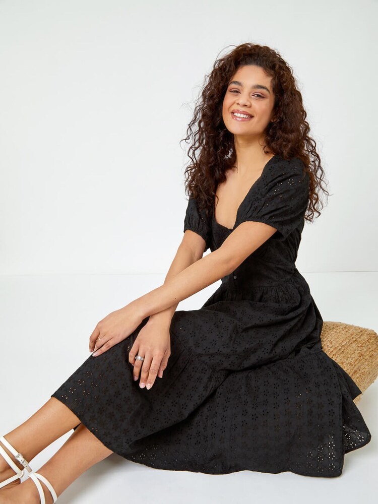 Roman Black Broderie Puff Sleeve Tiered Midi Dress - Image 2 of 5
