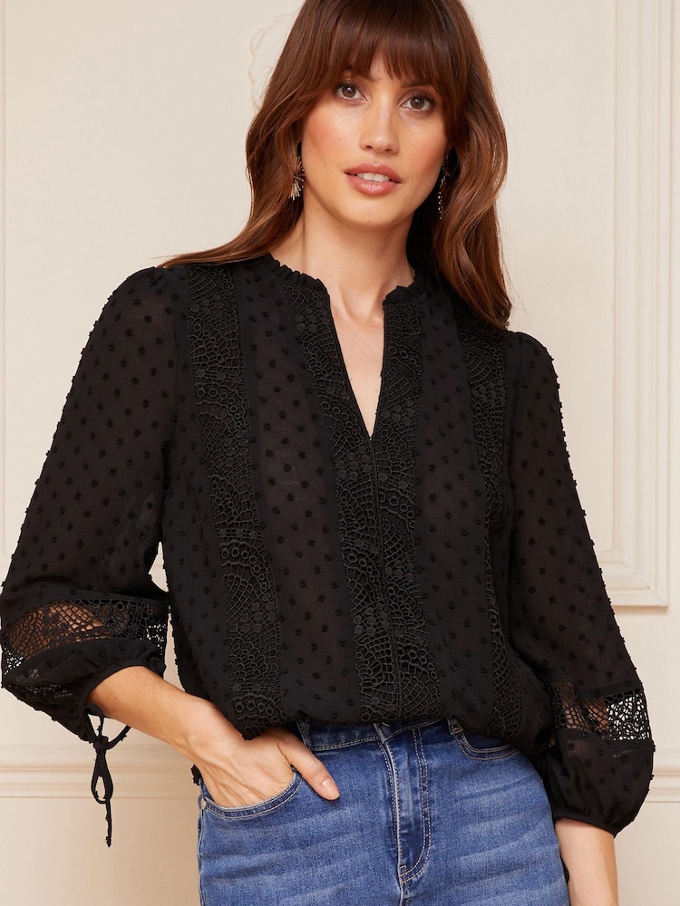 Love & Roses Black Petite Ruffle Neck Lace Trim Tie Cuff 3/4 Sleeve Dobby Spot Blouse - Image 2 of 4