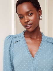 Love & Roses Blue V Neck Lace Long Sleeve Lace Trim Dobby Spot Blouse - Image 2 of 3