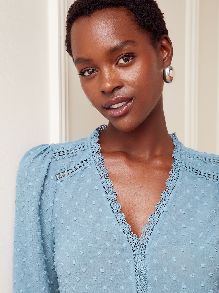 Love & Roses Blue V Neck Lace Long Sleeve Lace Trim Dobby Spot Blouse - Image 2 of 3