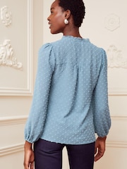 Love & Roses Blue V Neck Lace Long Sleeve Lace Trim Dobby Spot Blouse - Image 3 of 3