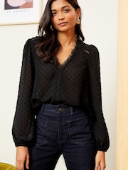 Love & Roses Black V Neck Lace Long Sleeve Lace Trim Dobby Spot Blouse - Image 1 of 4