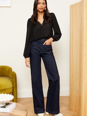 Love & Roses Black V Neck Lace Long Sleeve Lace Trim Dobby Spot Blouse - Image 4 of 4