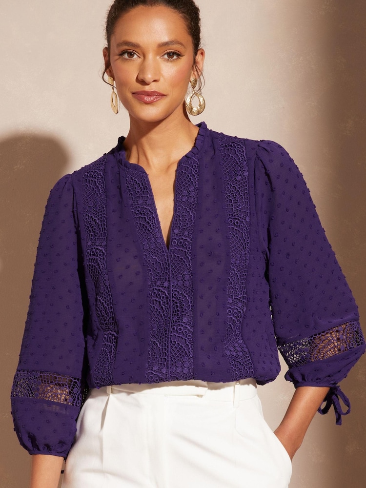 Love & Roses Purple Ruffle Neck Lace Trim Tie Cuff 3/4 Sleeve Dobby Spot Blouse - Image 1 of 4 Love & Roses Purple Ruffle Neck Lace Trim Tie Cuff 3/4 Sleeve Dobby Spot Blouse - Image 1 of 4