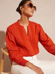 Love & Roses Orange Cotton Dobby Lace Trim Frill Neck Long Sleeve Blouse - Image 1 of 4