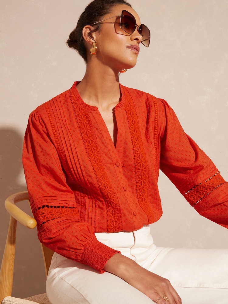 Love & Roses Orange Cotton Dobby Lace Trim Frill Neck Long Sleeve Blouse - Image 1 of 4 Love & Roses Orange Cotton Dobby Lace Trim Frill Neck Long Sleeve Blouse - Image 1 of 4