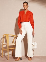 Love & Roses Orange Cotton Dobby Lace Trim Frill Neck Long Sleeve Blouse - Image 4 of 4
