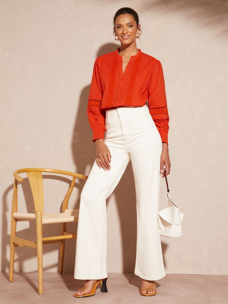 Love & Roses Orange Cotton Dobby Lace Trim Frill Neck Long Sleeve Blouse - Image 4 of 4 Love & Roses Orange Cotton Dobby Lace Trim Frill Neck Long Sleeve Blouse - Image 4 of 4